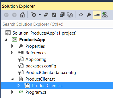 Screenshot des Fenstermenüs des Projektmappen-Explorers, in dem die erstellte Produktclient-Datei hervorgehoben ist, die den Proxy definiert.