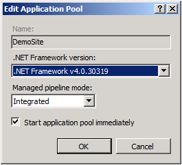 Wählen Sie in der Liste .NET Framework Version .NET Framework v4.0.30319 aus, und klicken Sie dann auf OK.
