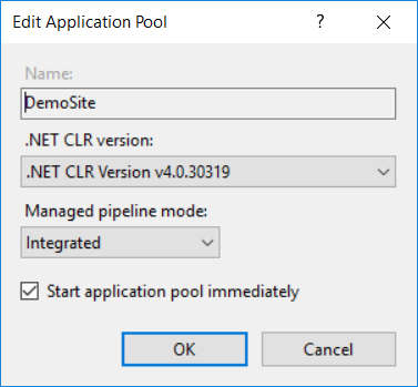 Wählen Sie in der Liste .NET CLR-Version die Option .NET CLR v4.0.30319 aus, und klicken Sie dann auf OK.