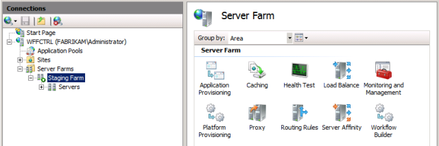 Starten Sie nach Abschluss der Installation den IIS-Manager, und klicken Sie im Bereich Verbindungen auf Ihren Serverfarmknoten. Beachten Sie, dass dem Bereich Serverfarm mehrere neue Symbole hinzugefügt wurden.