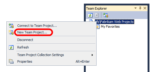 Klicken Sie im Fenster Team Explorer mit der rechten Maustaste auf die Teamprojektsammlung, und klicken Sie dann auf Neues Teamprojekt.