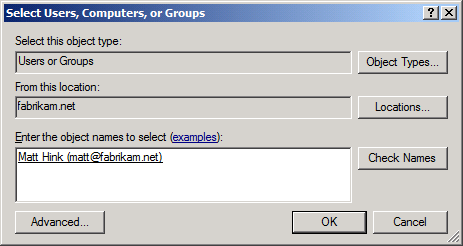 Geben Sie im Dialogfeld Benutzer, Computer oder Gruppen auswählen den Benutzernamen des Benutzers ein, den Sie dem Teamprojekt hinzufügen möchten, klicken Sie auf Namen überprüfen, und klicken Sie dann auf OK.