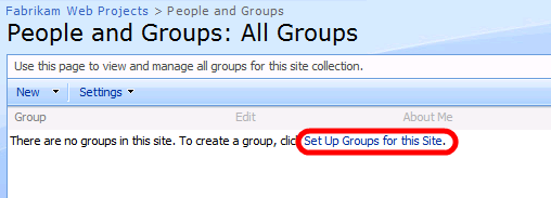 Klicken Sie auf der Seite Personen und Gruppen: Alle Gruppen auf Gruppen für diese Website einrichten.