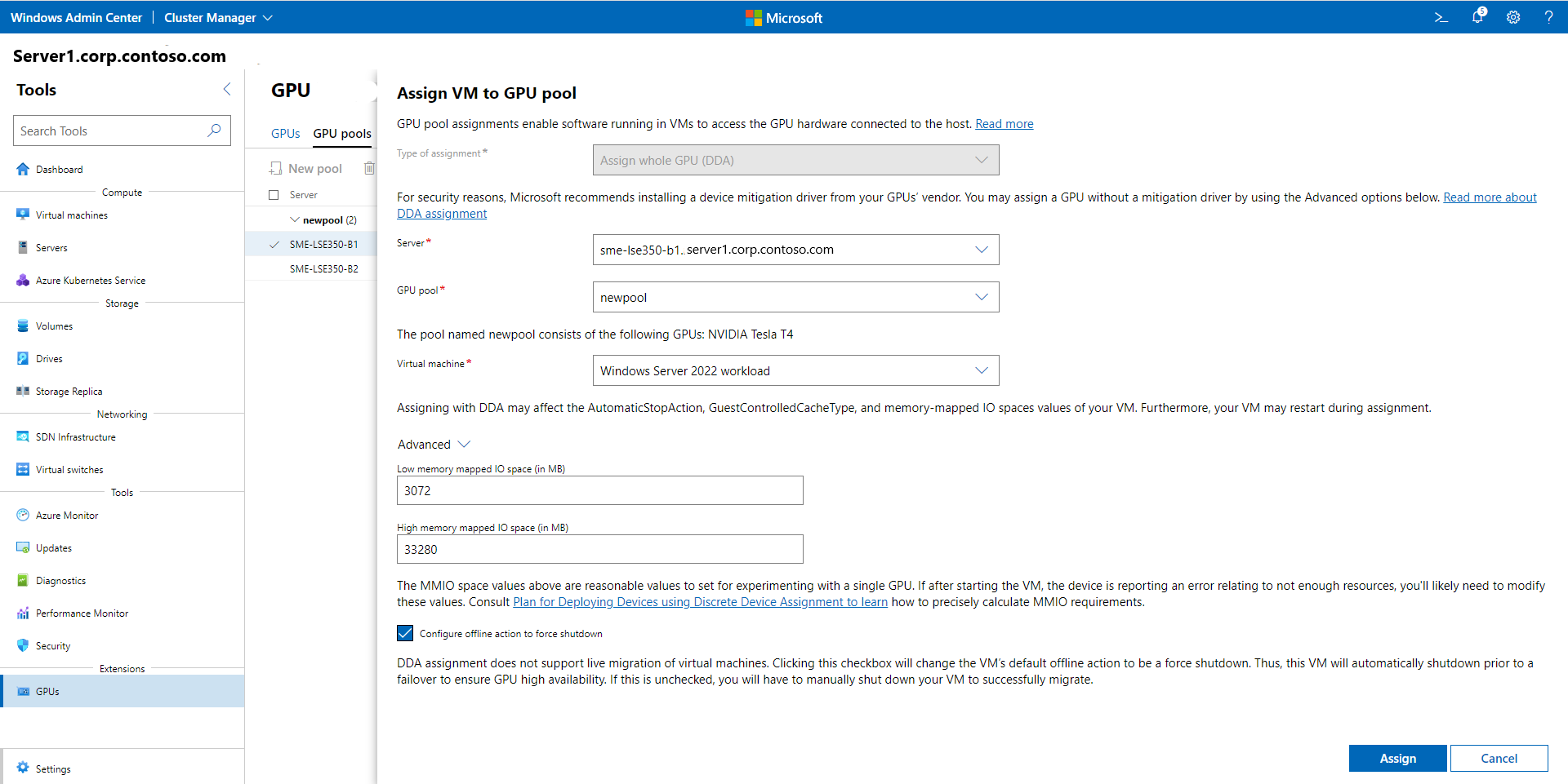 Screenshot of the Assign VM to GPU pool page in Windows Admin Center where you assign a VM to a GPU from the GPU pool