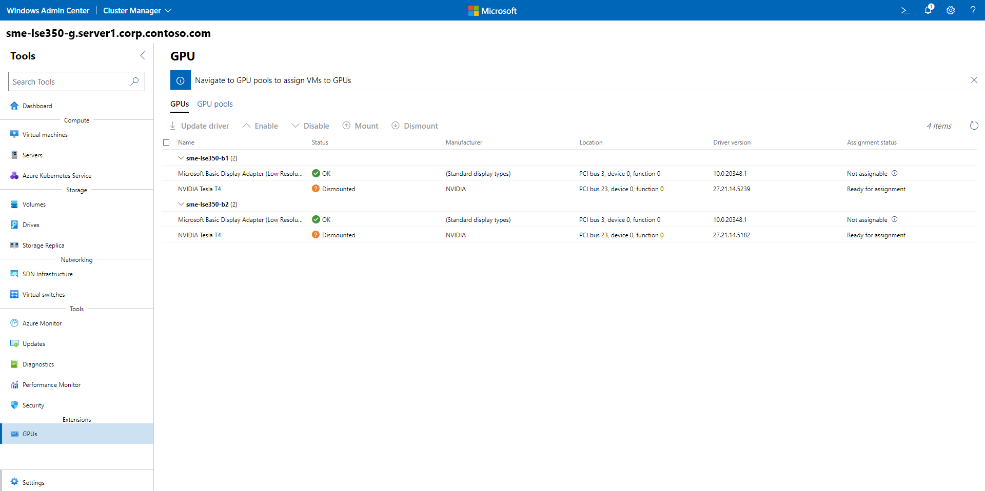 Screenshot of the GPU tool in Windows Admin Center