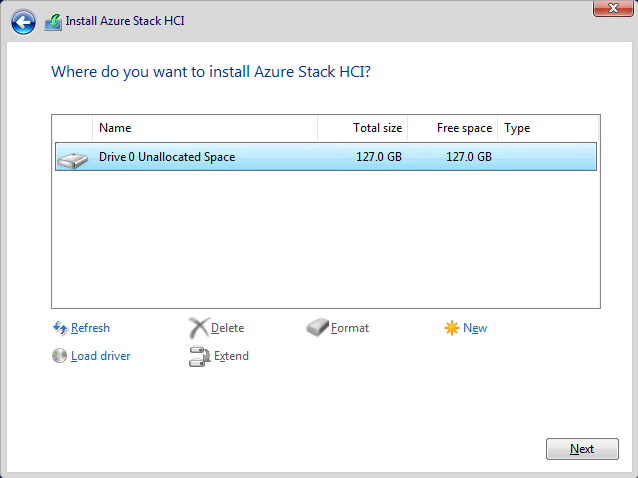 The drive location page of the Install Azure Stack HCI wizard.