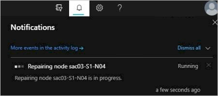 Screenshot that shows the 'Notifications' pane and 'Repairing node - Running' displayed.