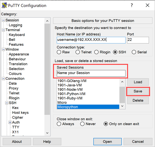PuTTY-Konfigurationsbereich: Feld „Saved Sessions“ (Gespeicherte Sitzungen)