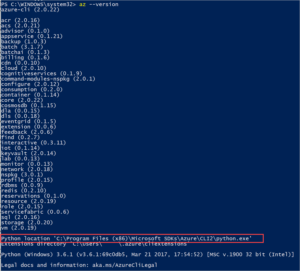 Azure CLI am Python-Speicherort von Azure Stack Hub