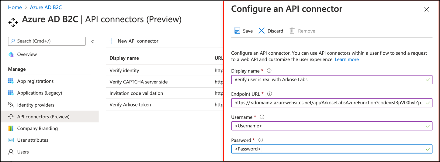 Screenshot: Anzeigename, Endpunkt-URL, Benutzername und Kennwort beim Konfigurieren eines API-Connectors