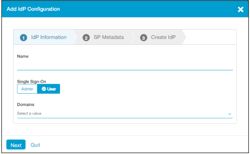 Screenshot der Registerkarte mit IdP-Informationen im Bereich „Add IdP Configuration“ (IdP-Konfiguration hinzufügen)