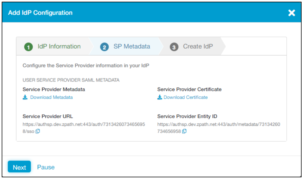 Screenshot der Option „Service Provider Entity ID“ (Entitäts-ID des Dienstanbieters) auf der Registerkarte „SP Metadata“ (SP-Metadaten)