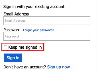 Example sign-up sign-in page showing a Keep me signed in checkbox