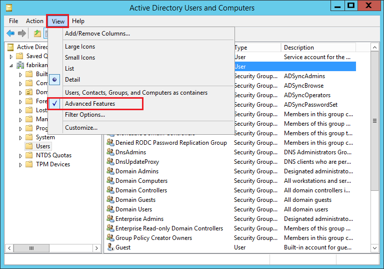 Active Directory-Benutzer und -Computer zeigen erweiterte Features.