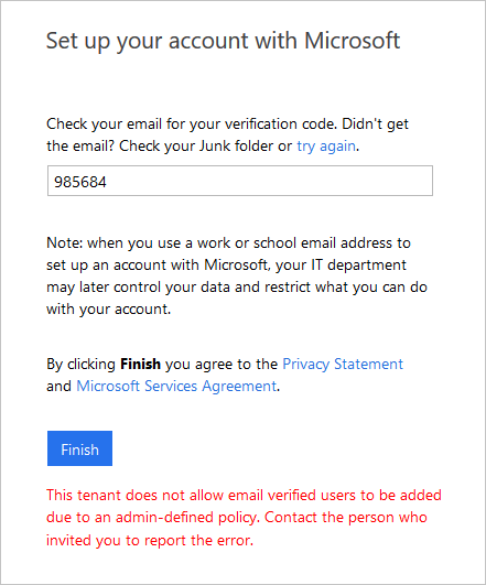 Der Screenshot des Fehlers, der besagt, dass der Mandant keine per E-Mail verifizierten Benutzer zulässt.