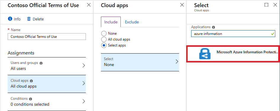Bereich „Cloud-Apps“ mit ausgewählter Microsoft Azure Information Protection-App