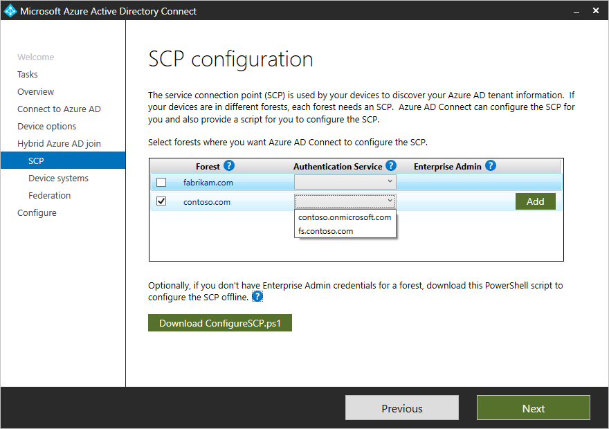 Screenshot mit Microsoft Entra Connect und Optionen für die SCP-Konfiguration in einer Verbunddomäne