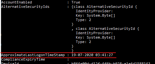 Screenshot showing command-line output. One line is highlighted and lists a time stamp for the ApproximateLastLogonTimeStamp value.