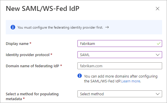 Screenshot der neuen SAML- oder WS-Fed IdP-Seite.