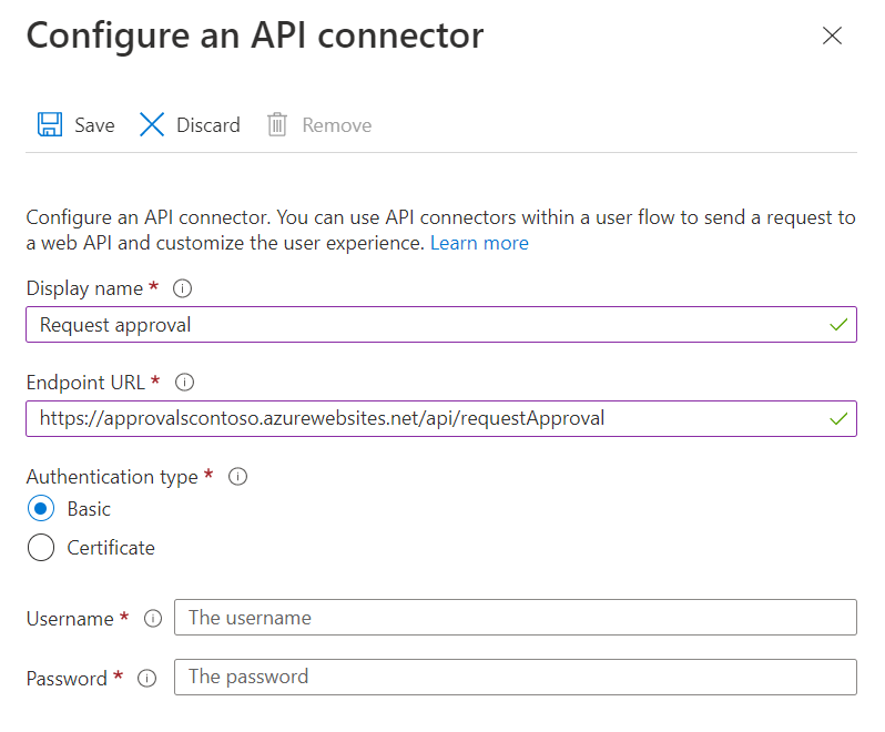 Screenshot: Genehmigung anfordern – API-Connector-Konfiguration.