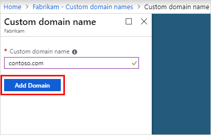 Screenshot: Seite „Benutzerdefinierte Domänennamen“ mit der Seite „Benutzerdefinierte Domäne hinzufügen“