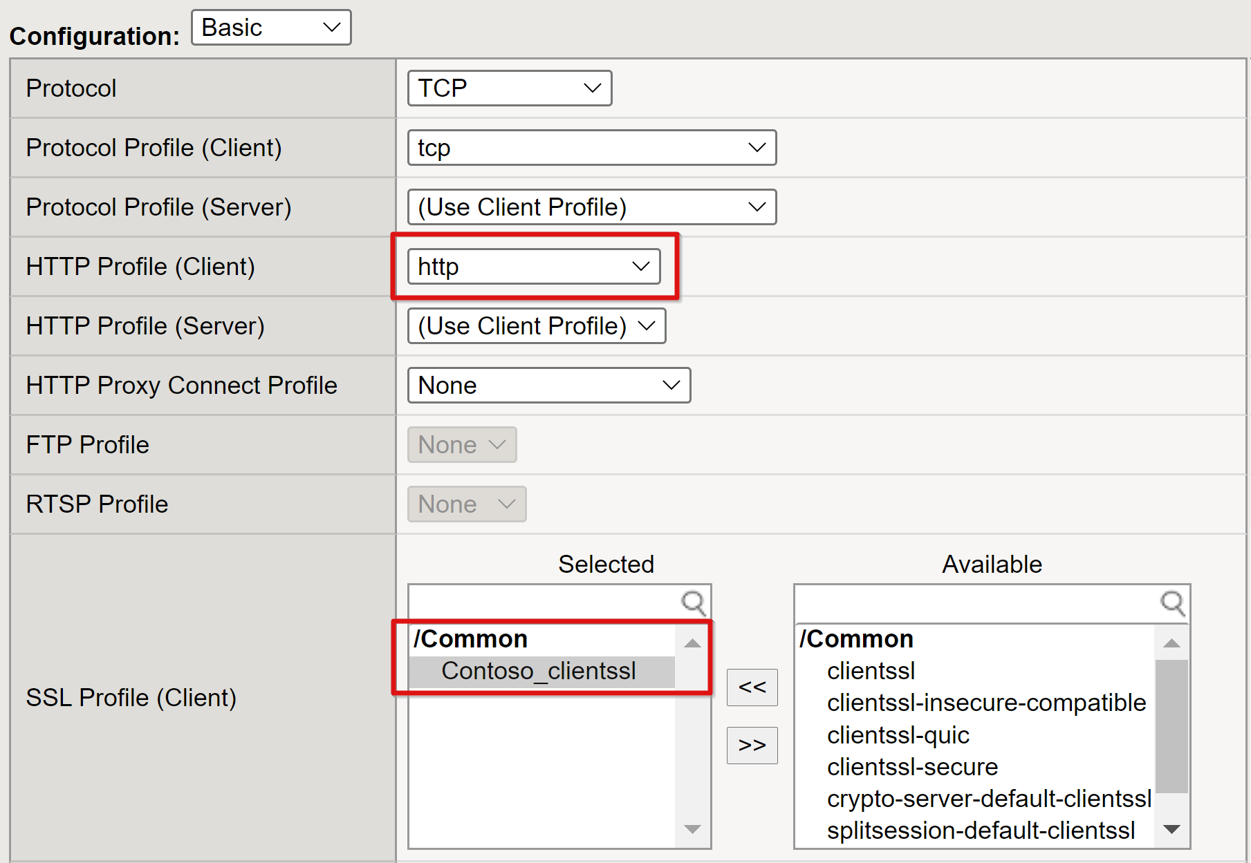 Screenshot: HTTP-Profileintrag für den Client und ausgewählte Einträge für den Client unter „SSL-Profil“