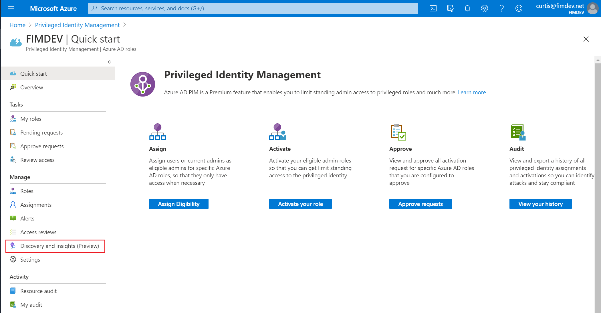 Screenshot: Seite „Ermittlung und Erkenntnisse“ für Microsoft Entra-Rollen