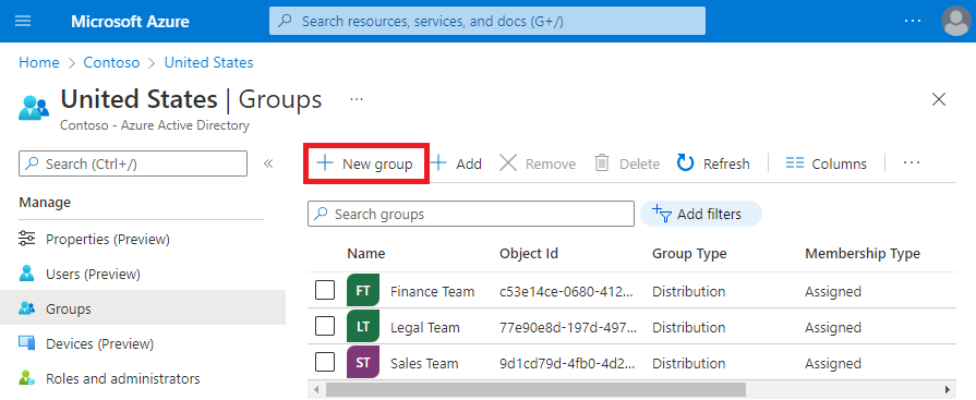 Screenshot of the Administrative units page for creating a new group in an administrative unit.
