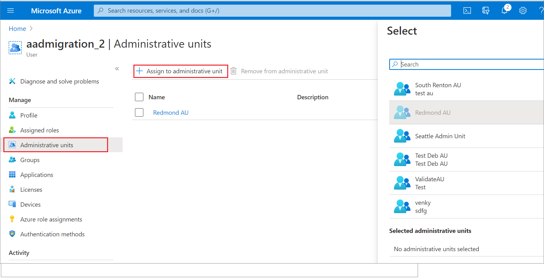 Screenshot of the Administrative units page for adding a user to an administrative unit.