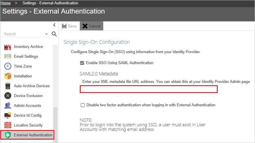 Screenshot shows External Authentication page where you can enter the App Federation Metadata U R L value.