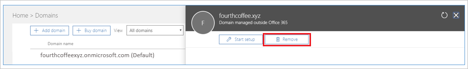 Screenshot mit der Option zum Entfernen des Domänennamens aus Microsoft 365.