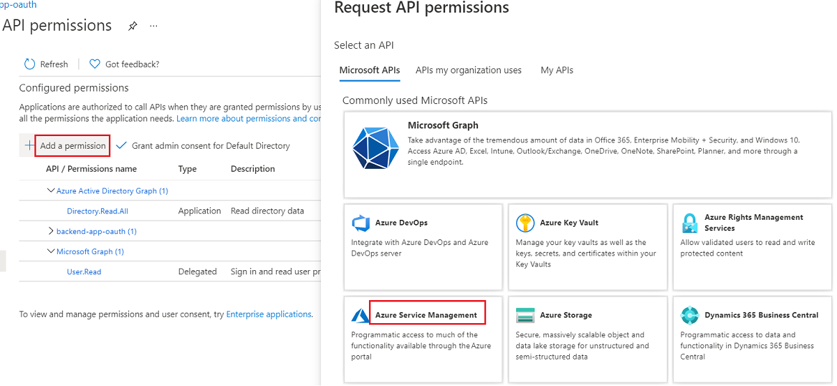 Screenshot that shows how to add app permissions.