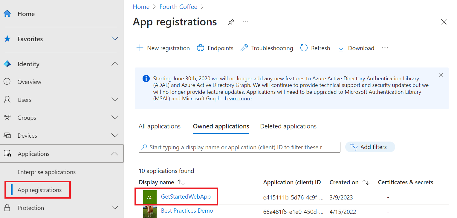 Screenshot: Auswählen der App-Registrierung