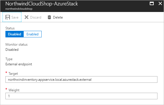 Screenshot, der Ihnen zeigt, wie Sie einen Azure Stack Hub-Endpunkt im Azure-Portal deaktivieren.