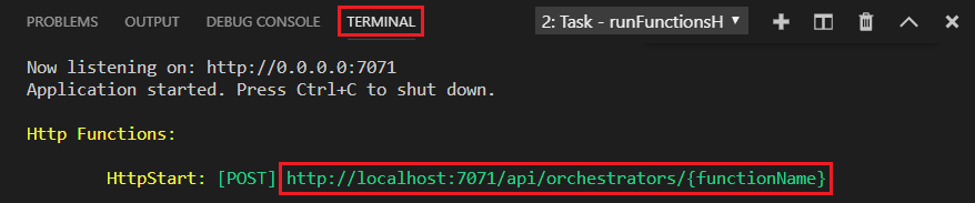 Screenshot: Visual Studio Code-Terminalbereich. Das Terminal zeigt die Ausgabe der lokalen Ausführung einer Durable Functions-App an. Die Tabelle mit dem Titel „terminal“ und die URL der HTTP-Starterfunktion sind hervorgehoben.