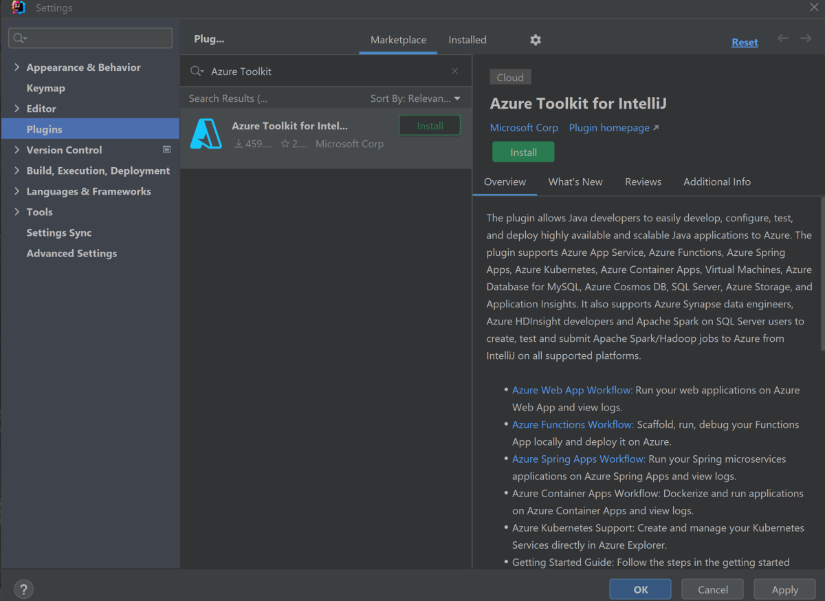 Azure Toolkit for IntelliJ plugin in Marketplace.