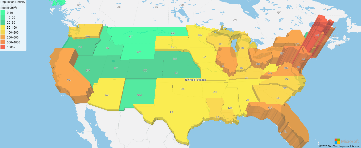 Example map of population change created by using Azure Maps Web SDK