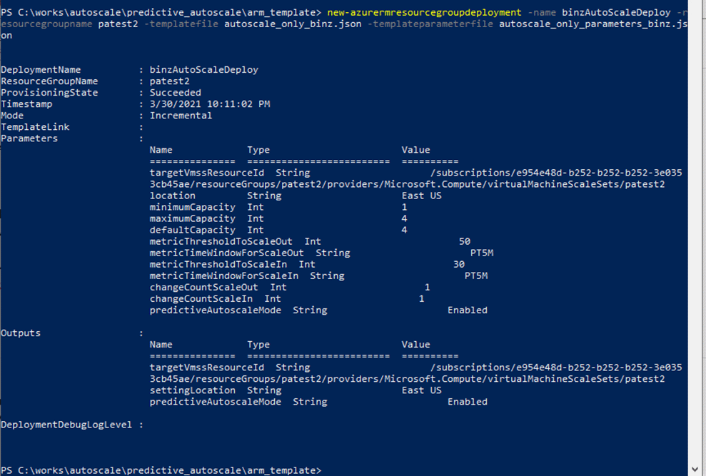 Screenshot, der die PowerShell-Befehlsausgabe des vorangegangenen Befehls zeigt, wenn Sie Azure Resource Manager-Vorlagen für die Bereitstellung von vorhersagbaren Autoskalierung ausführen.