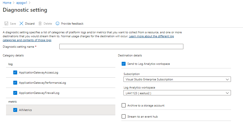 Screenshot of the page for configuring Diagnostics settings.