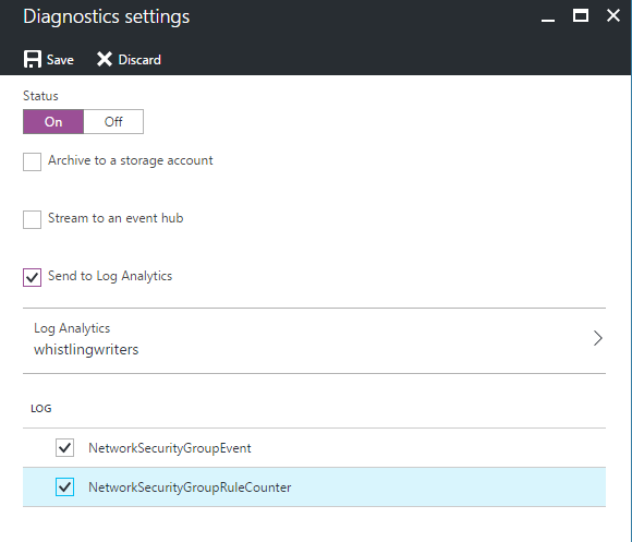 Screenshot of the page for configuring Diagnostics settings. Status is set to On, Send to Log Analytics is selected and two Log types are selected.