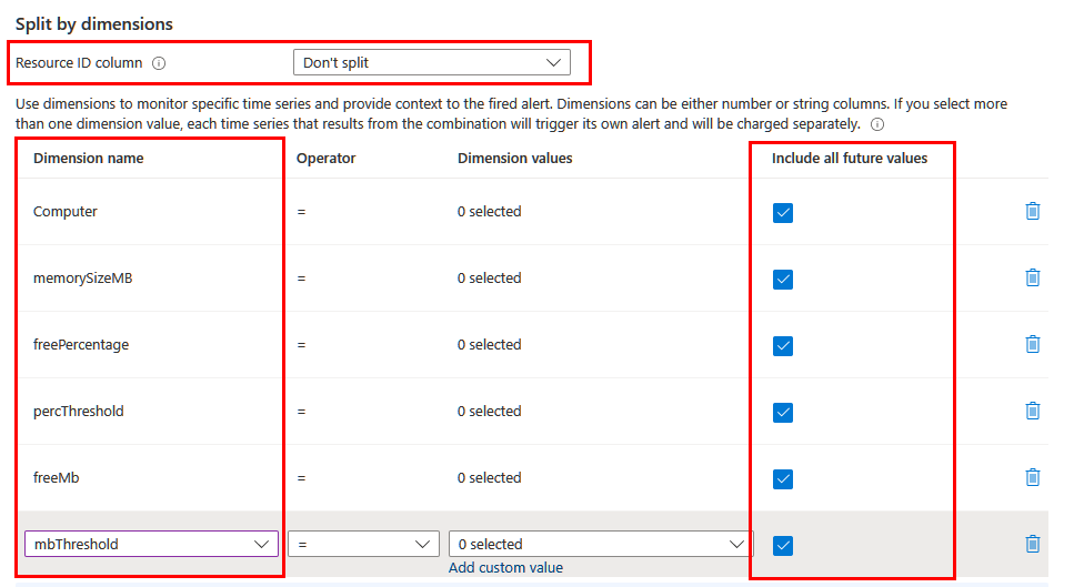 Screenshot that shows a new log search alert rule with split by multiple dimensions.