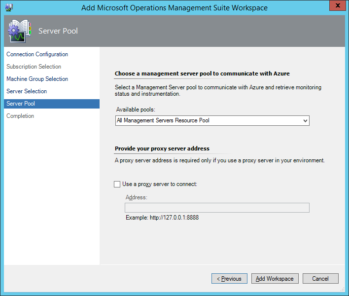 Screenshot: Bildschirm „Serverpool“ unter „Add Microsoft Operations Management Suite Workspace“ (Microsoft Operations Management Suite-Arbeitsbereich hinzufügen), auf dem „All Management Servers Resource Pool“ (Ressourcenpool für alle Verwaltungsserver) ausgewählt ist