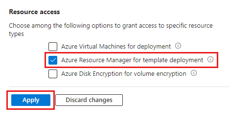 Screenshot of the key vault's access policies to enable Azure Resource Manager for template deployment.
