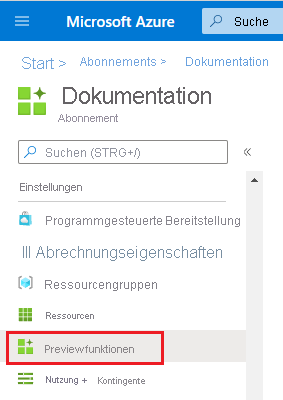 Screenshot: Hervorhebung der Menüoption „Previewfunktionen“ im Azure-Portal.