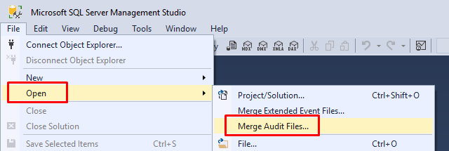 Screenshot that shows the Merge Audit Files menu option.