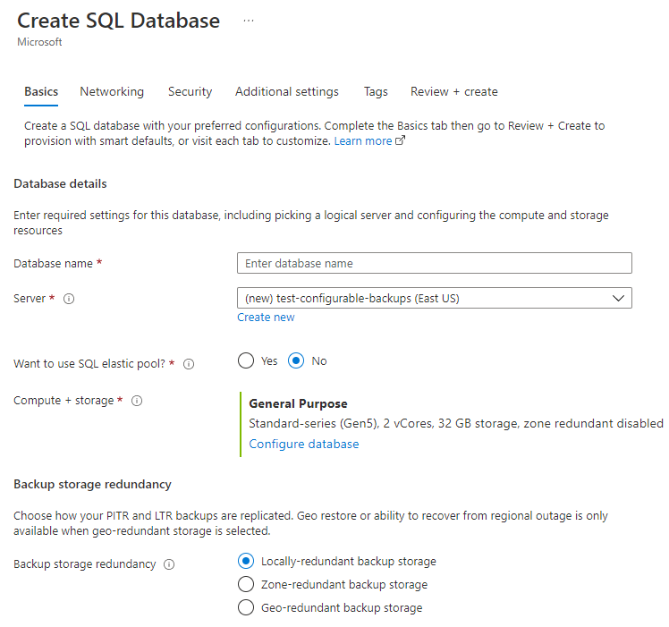 Open Create SQL Database pane