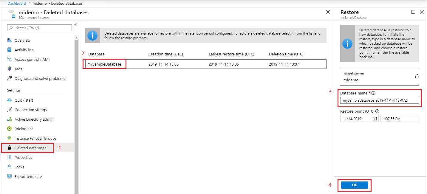 Screenshot of restore deleted Azure SQL Managed Instance database