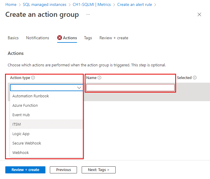 Screenshot der Registerkarte „Aktionen“ des Dialogfelds „Aktionsgruppe erstellen“ im Azure-Portal. Die Felder „Aktionstyp“ und „Name“ sind hervorgehoben.