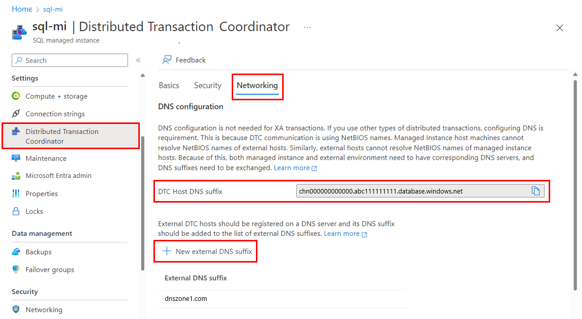 Screenshot: Registerkarte „Netzwerk“ des Bereichs „DTC“ für Ihre verwaltete Instanz im Azure-Portal, „Neues externes DNS-Suffix“ hervorgehoben