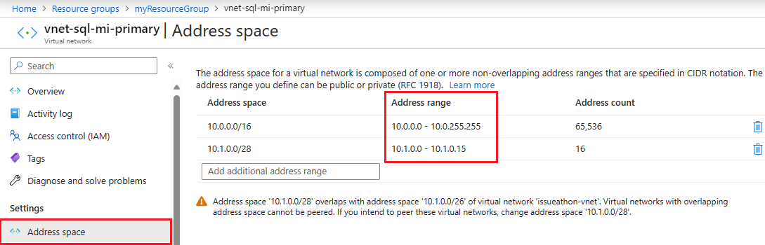 Screenshot des Adressraums für das primäre virtuelle Netzwerk im Azure-Portal.